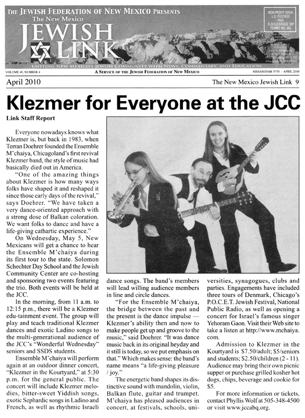 New Mexico Jewish Link Magazine April 2010 clipping about the Ensemble M’chaiya (tm) © 2013 Modal Music, Inc. (tm) All rights reserved.